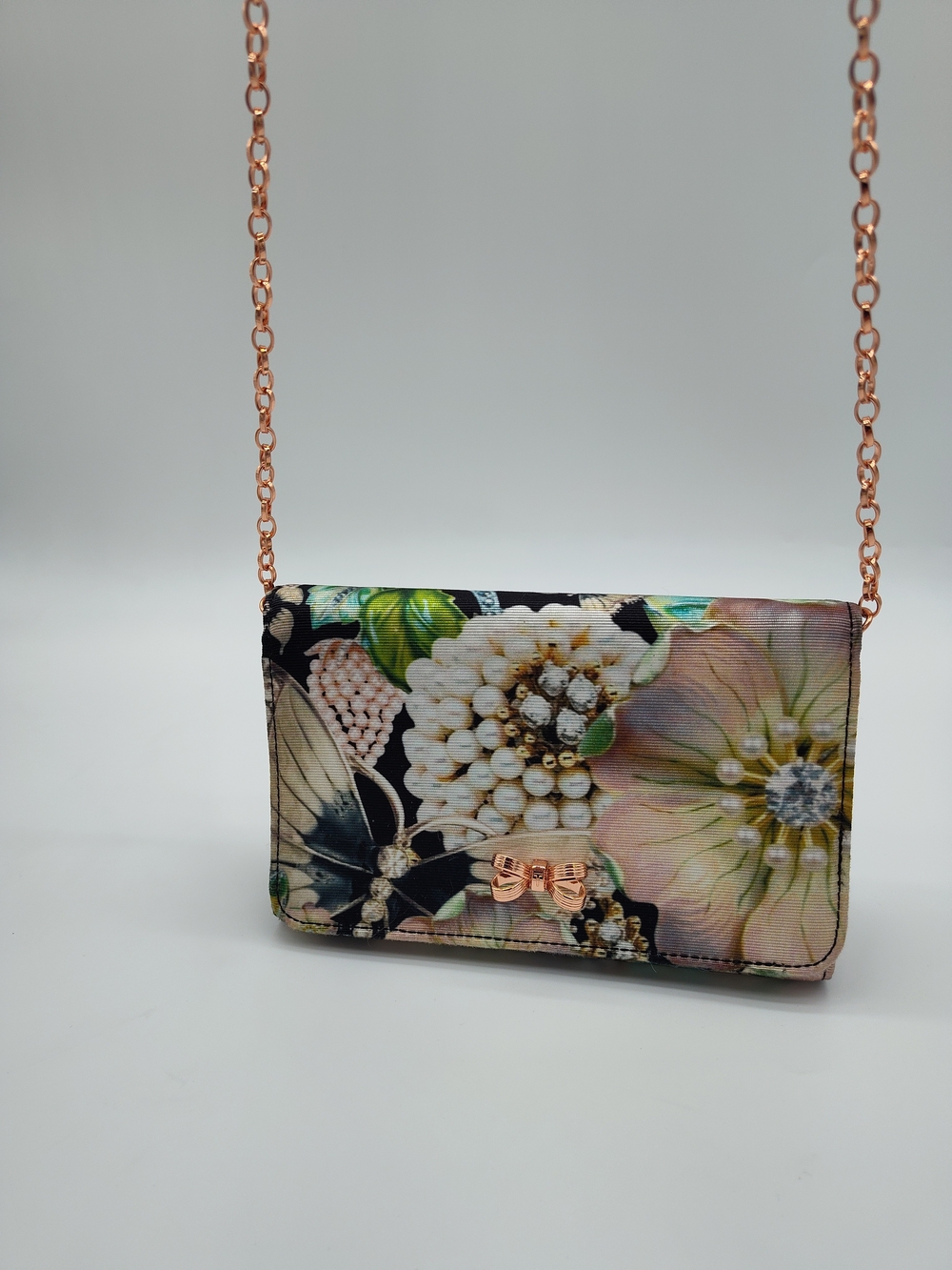 TED BAKER Floral Bow Crossbody Wallet on Chain Rose Gold Evening Bag NWOT